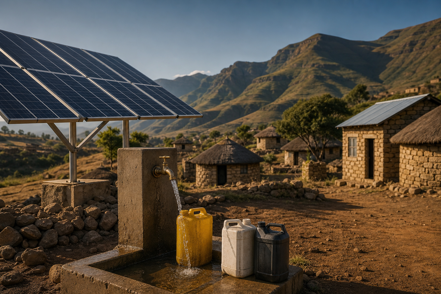 Solar-powered water access station in a mountain village