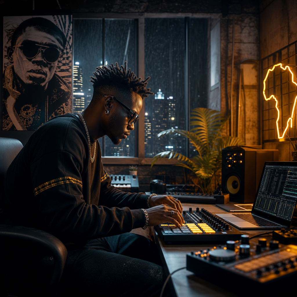 Cinematic close-up of African musicians in a modern recording studio with warm gold lighting and textured instruments