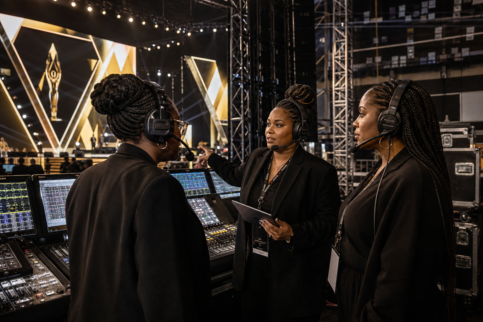 Wide backstage production scene with women producers coordinating stage cues, lighting desks, and live-show timing before an awards broadcast
