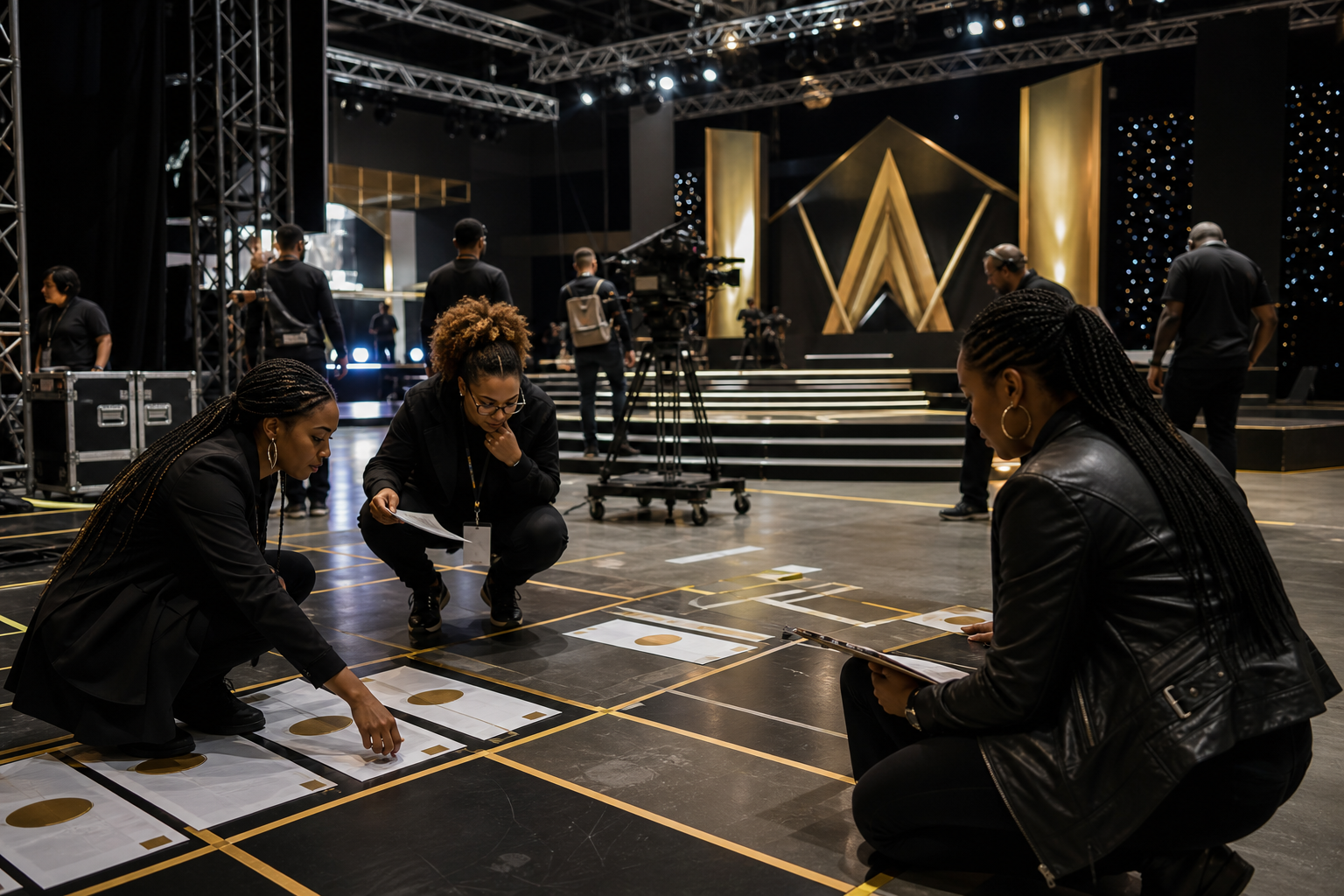 Awards-floor production setup showing women coordinating sponsor branding placements, camera lanes, and stage rehearsals