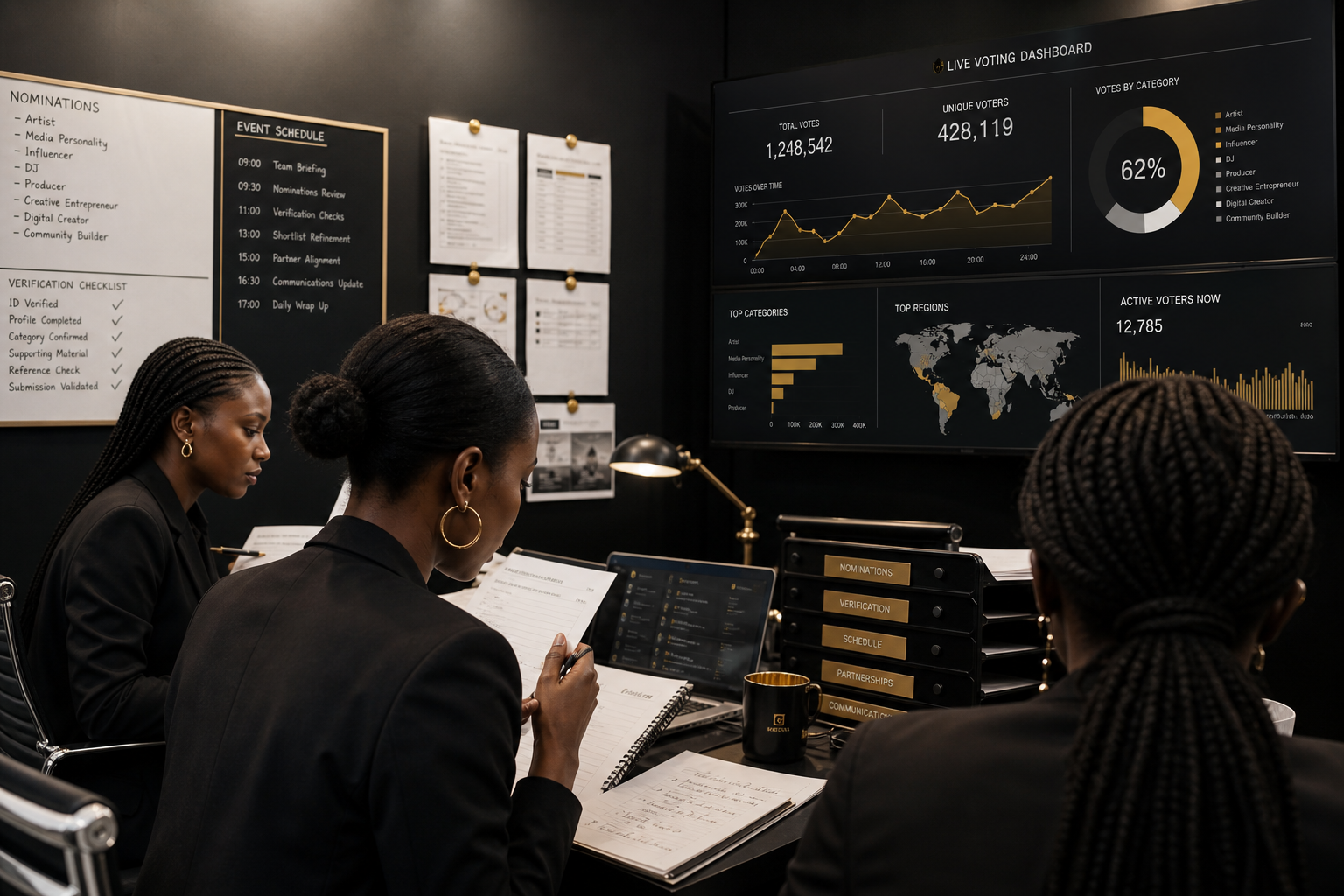Production-detail image of women team members reviewing nomination sheets, digital voting dashboards, and verification notes in a media operations room