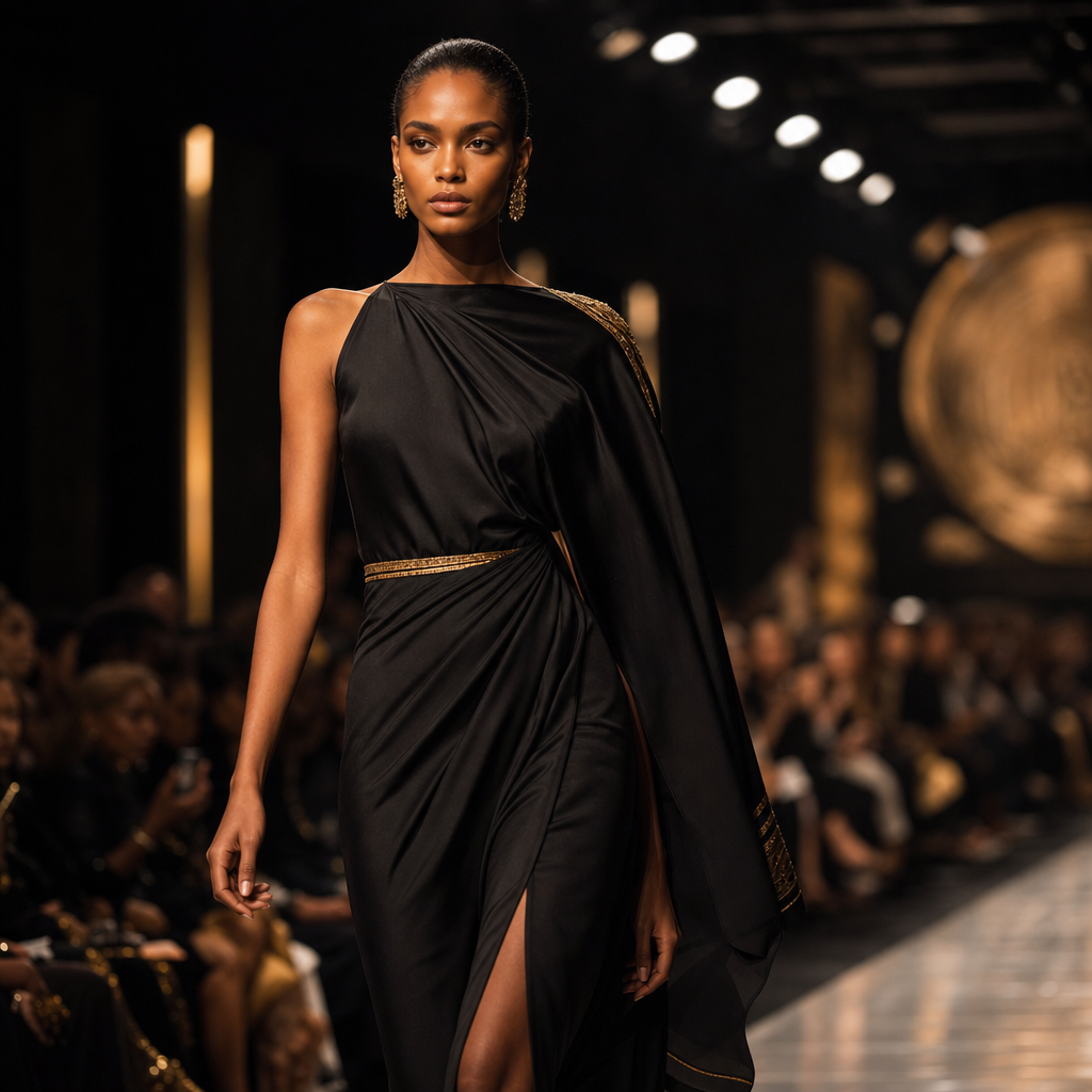 Elegant runway scene with a model in a gold accented outfit under soft spotlights