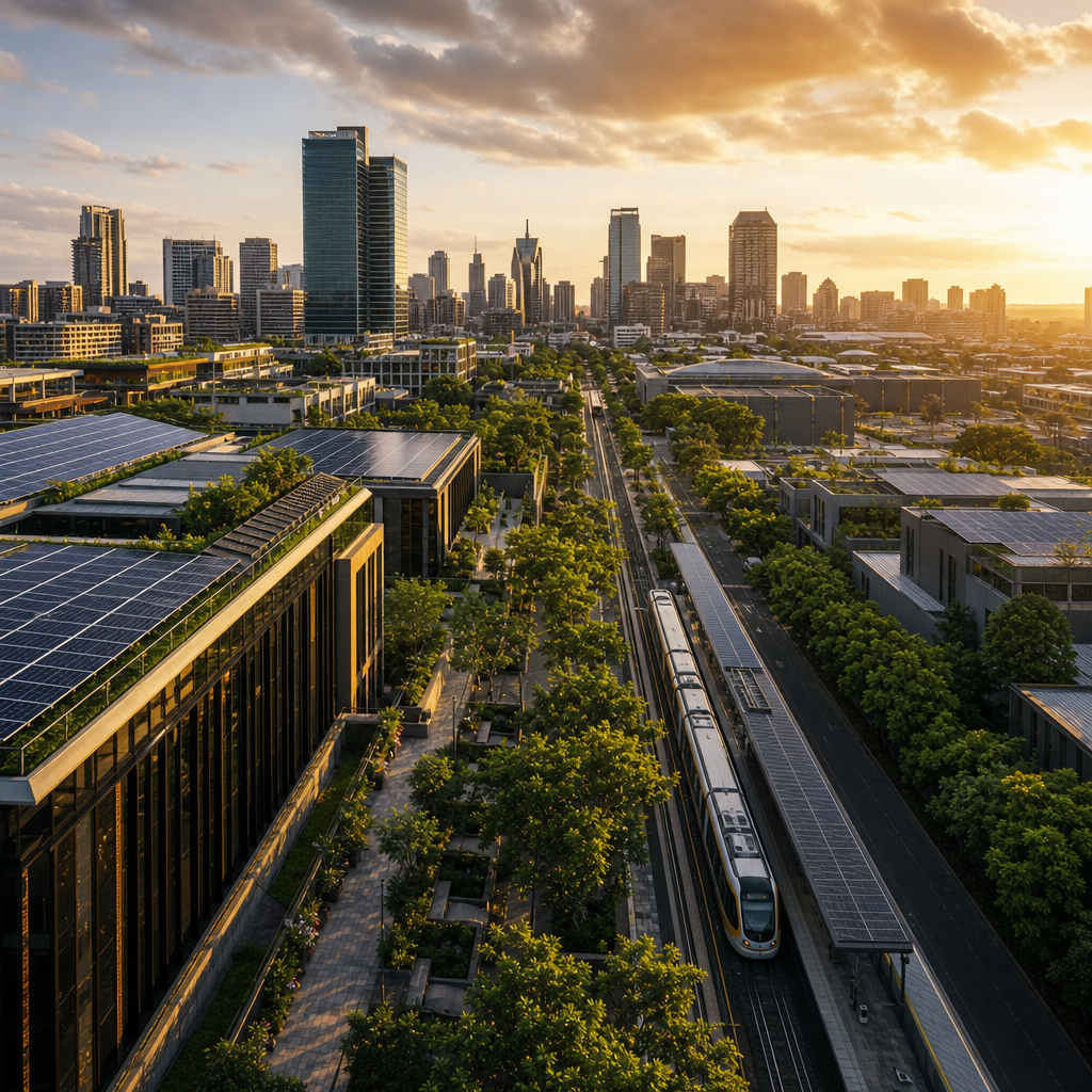 Aerial view of a modern African city with solar rooftops, green corridors, and clean transit lines