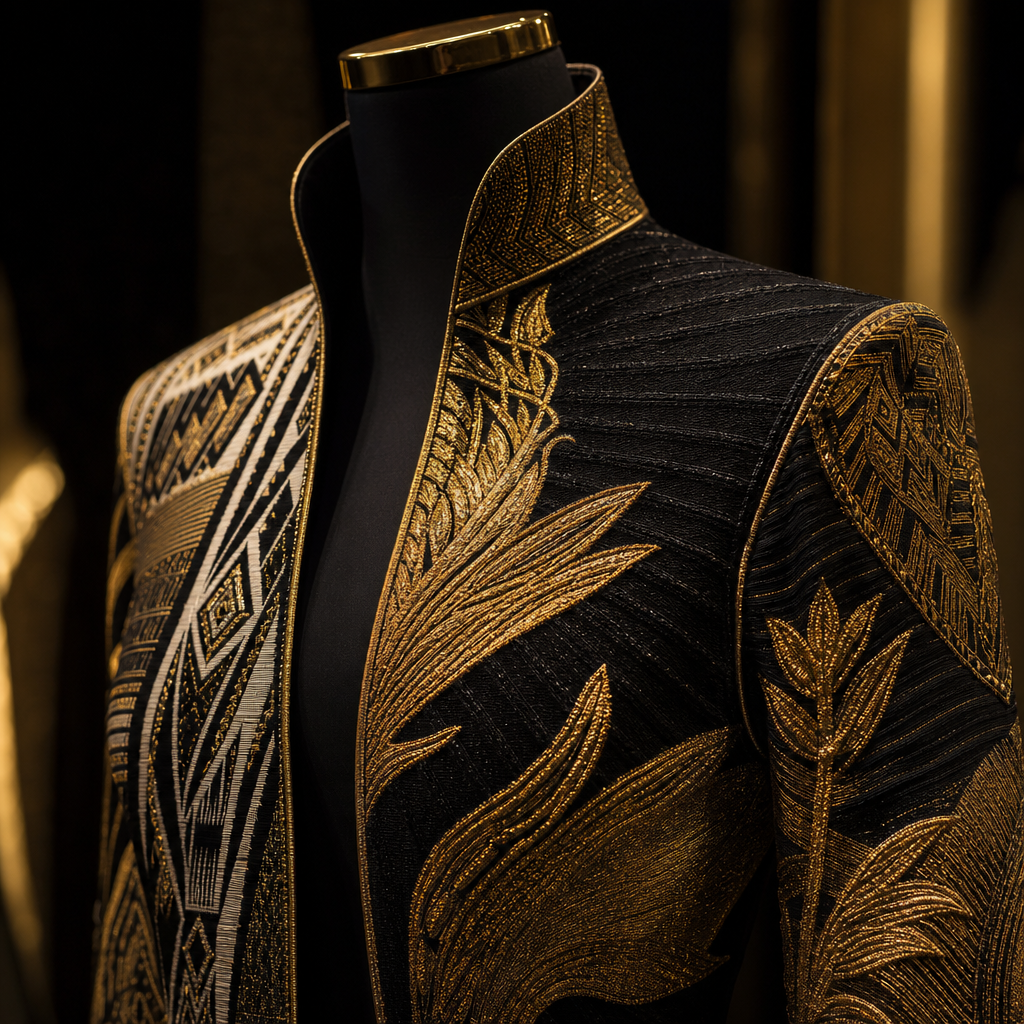 Close-up of a couture garment with gold embroidery and textured African textiles on a mannequin