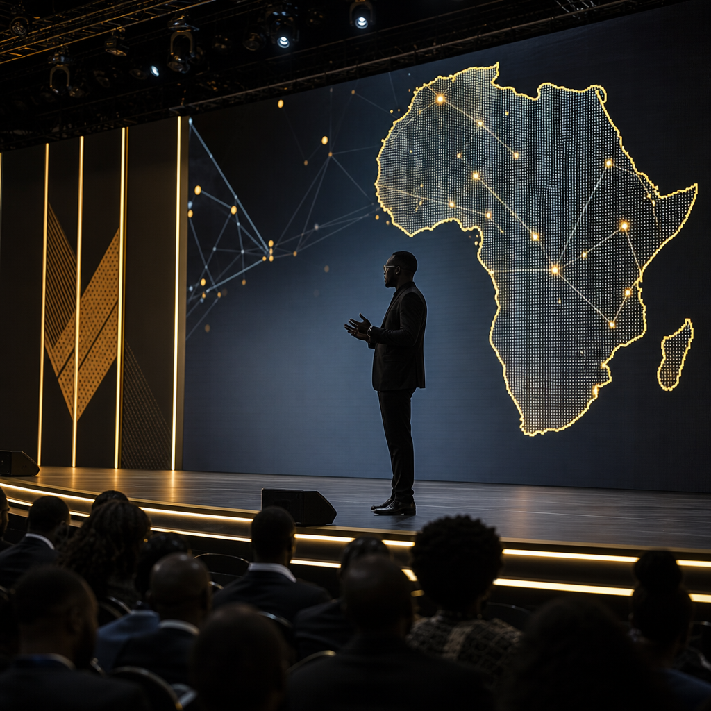 Conference stage with a speaker silhouetted against a large digital map of Africa