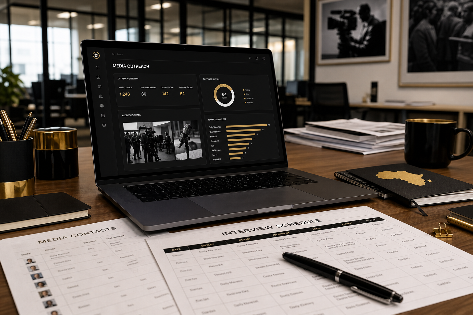 Editorial desk with open laptop showing media distribution dashboard, printed notes, and gold-accent stationery