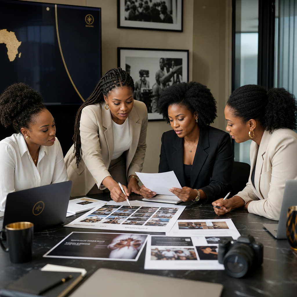 Communications team press briefing scene with women reviewing image selects, interview notes, and release timelines