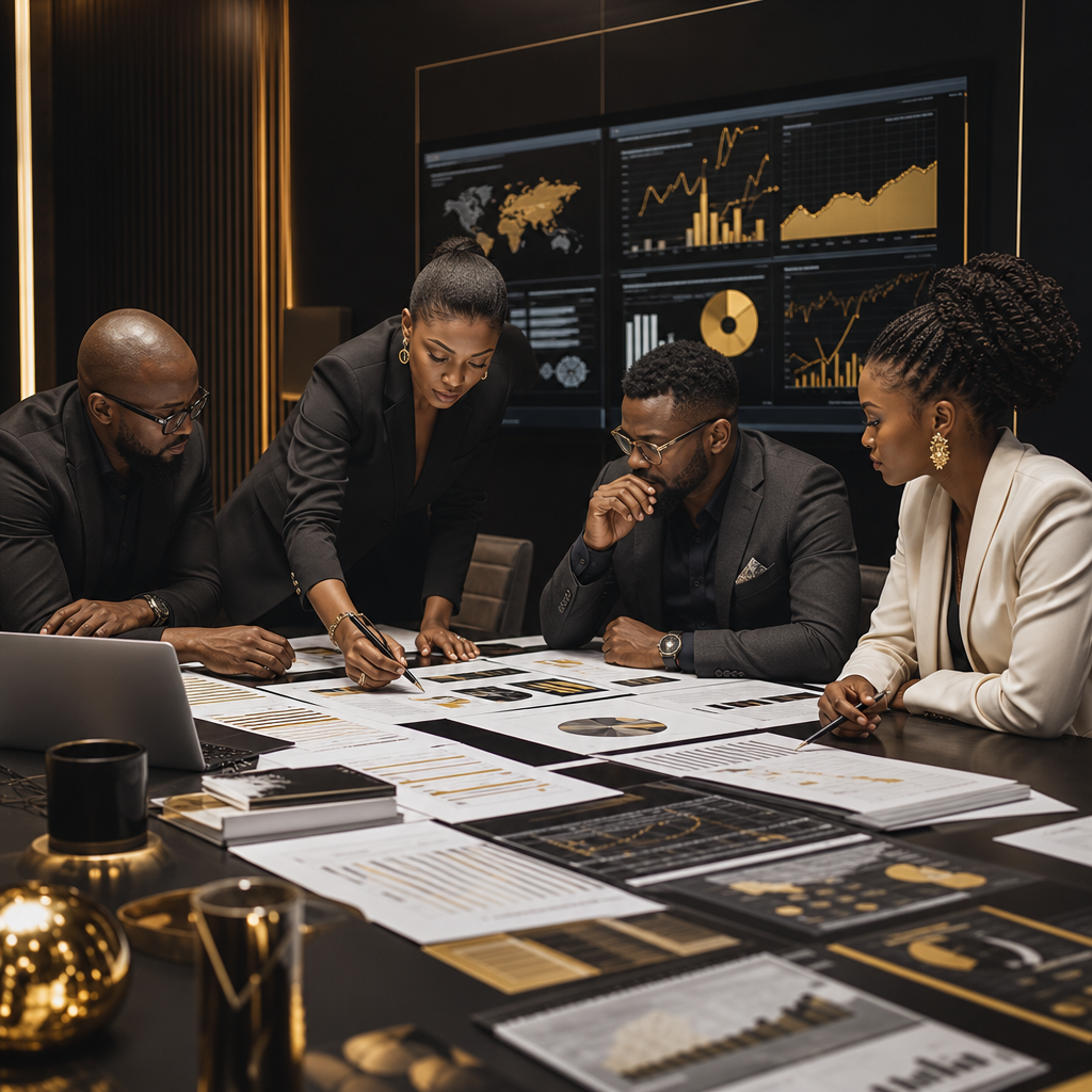 Executive strategy team reviewing market intelligence dashboards in a premium boardroom, with layered charts and planning documents