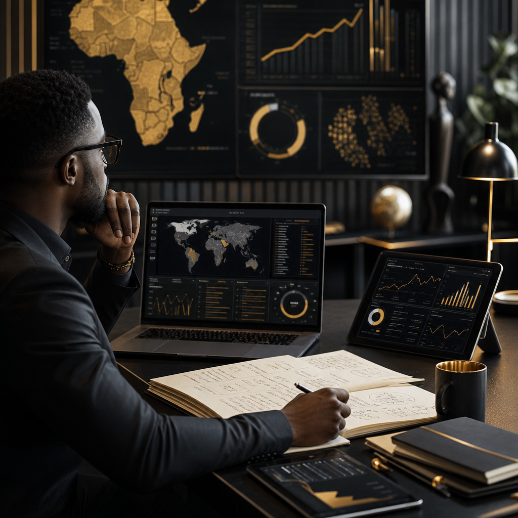 Market analyst workspace with multi-screen trend maps, regional performance charts, and strategic notes in a refined editorial style