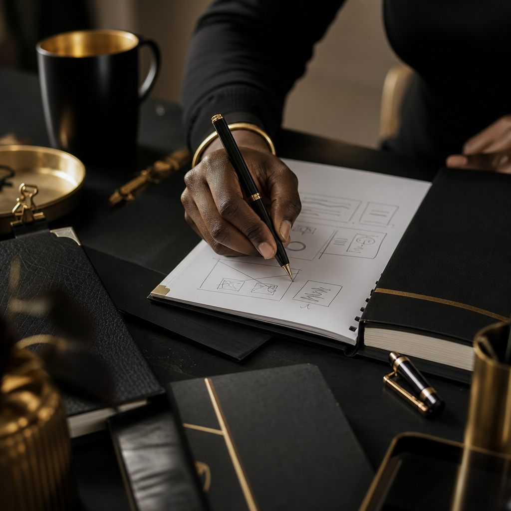 Close-up editorial still of a strategist annotating a premium planning brief with gold-accented stationery