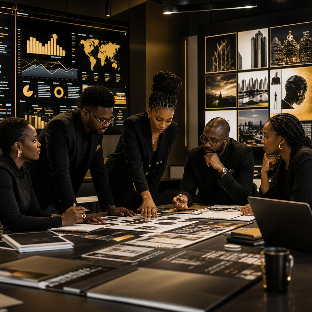 Wide cinematic newsroom scene with African editors collaborating around illuminated screens, black and gold editorial atmosphere