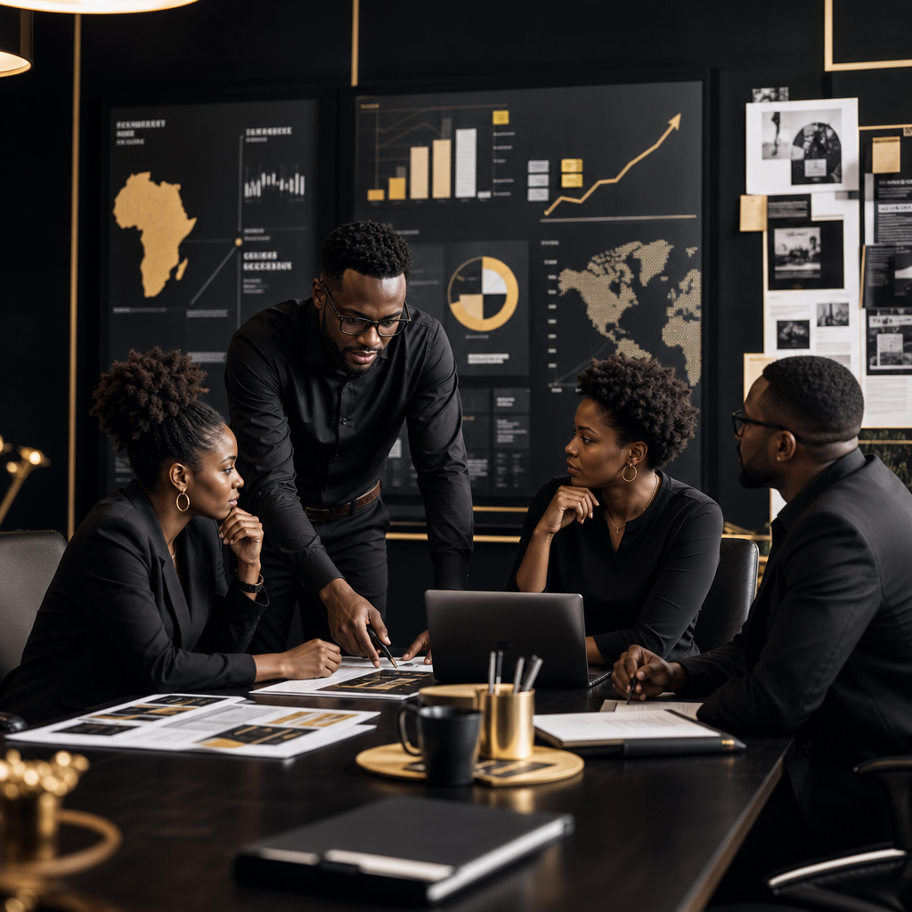 Editorial boardroom moment with African team reviewing campaign metrics on glass wall charts, moody contrast with refined gold highlights