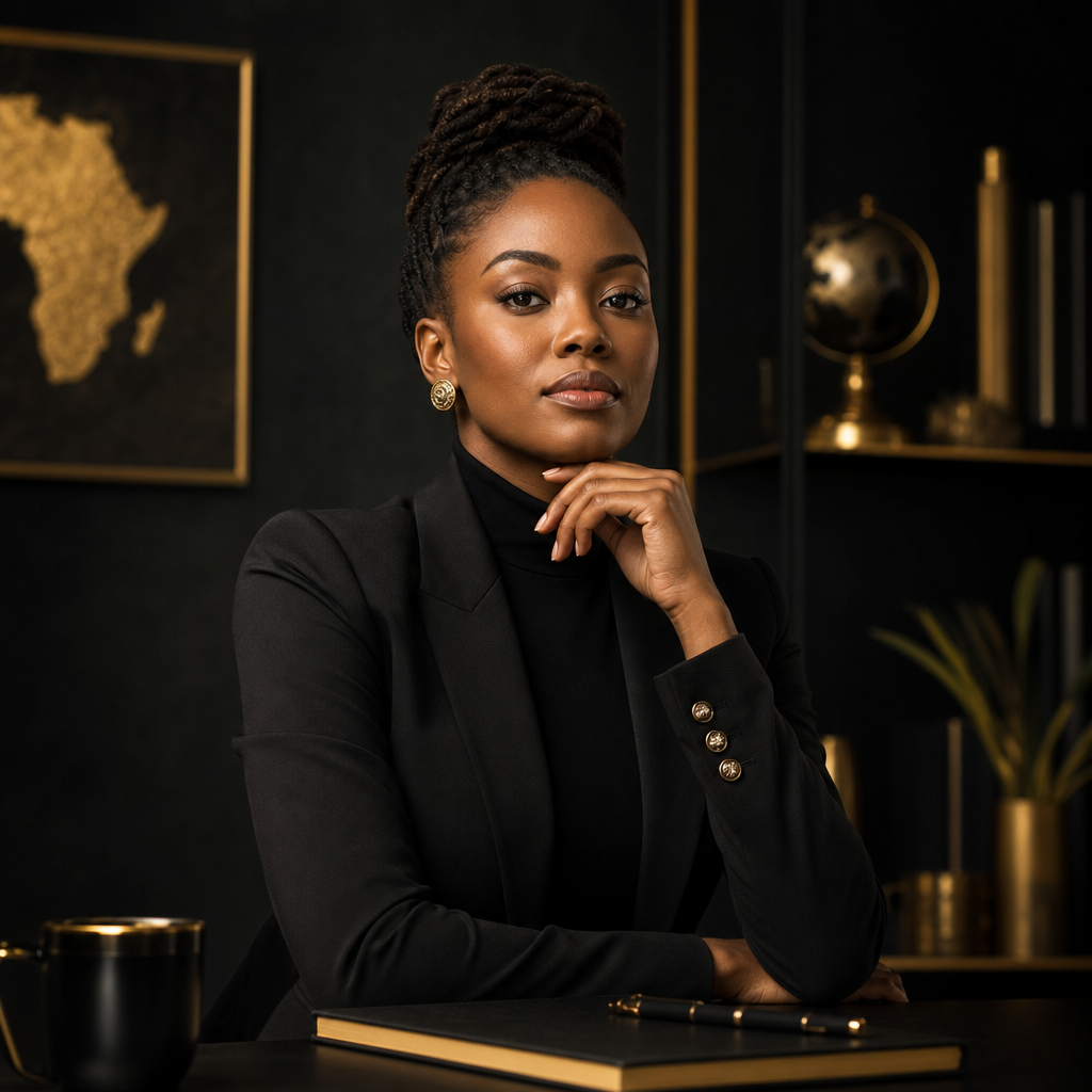 Compact portrait cover image showing a poised African marketing strategist in a dark studio with subtle gold rim lighting and editorial mood
