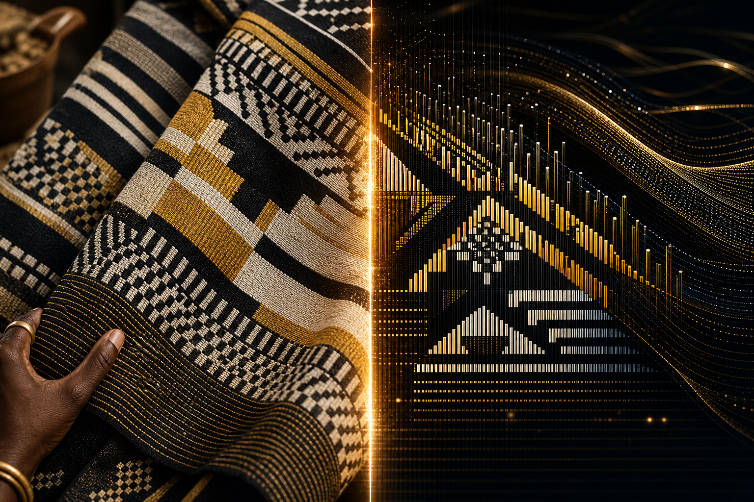 Split visual comparing handwoven Senegalese textile patterns with a glowing digital art interpretation
