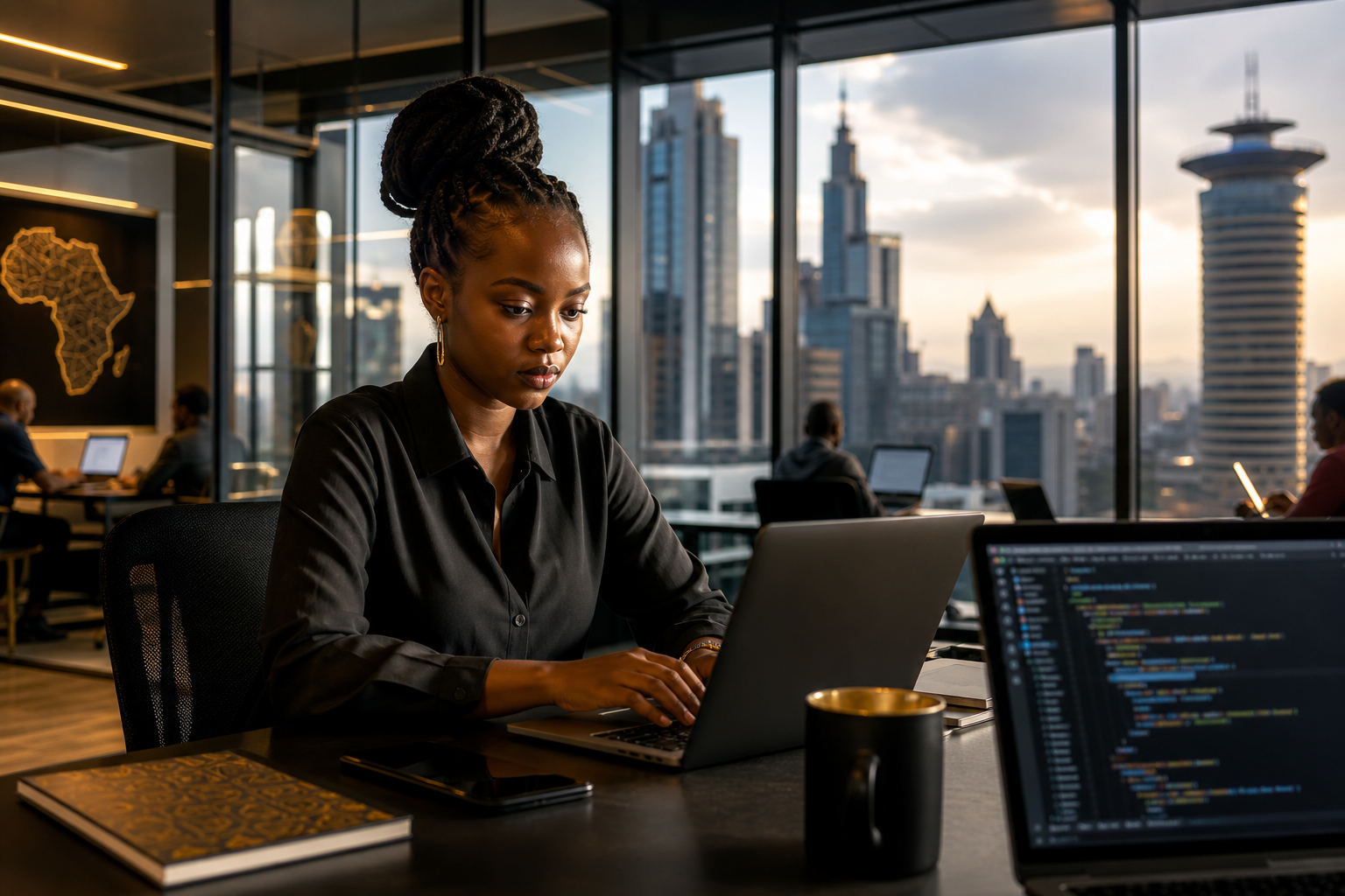 Cinematic Nairobi tech story with a young African software developer in a modern startup workspace overlooking the city skyline with warm gold lighting
