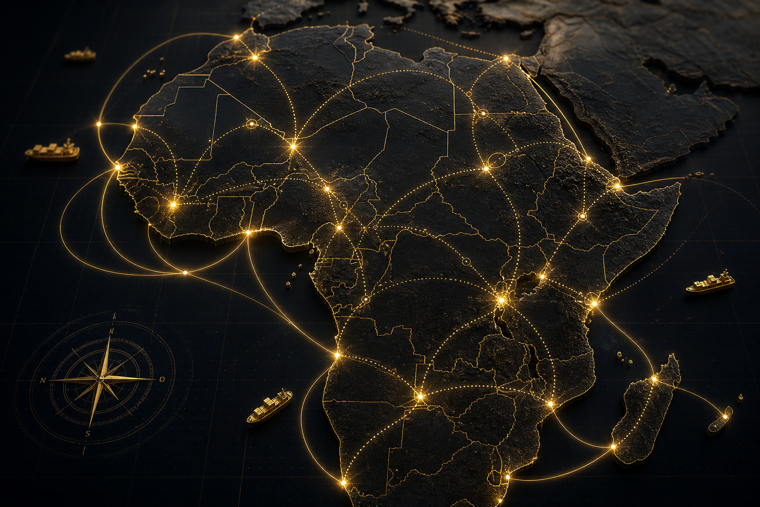 Stylized map of Africa with glowing trade routes connecting coastal and inland cities