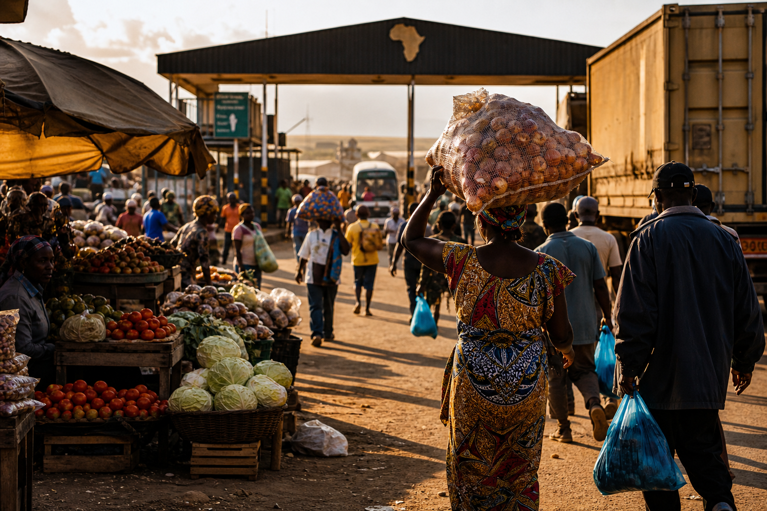 Bustling African border market with traders moving goods, colorful stalls, and commuters
