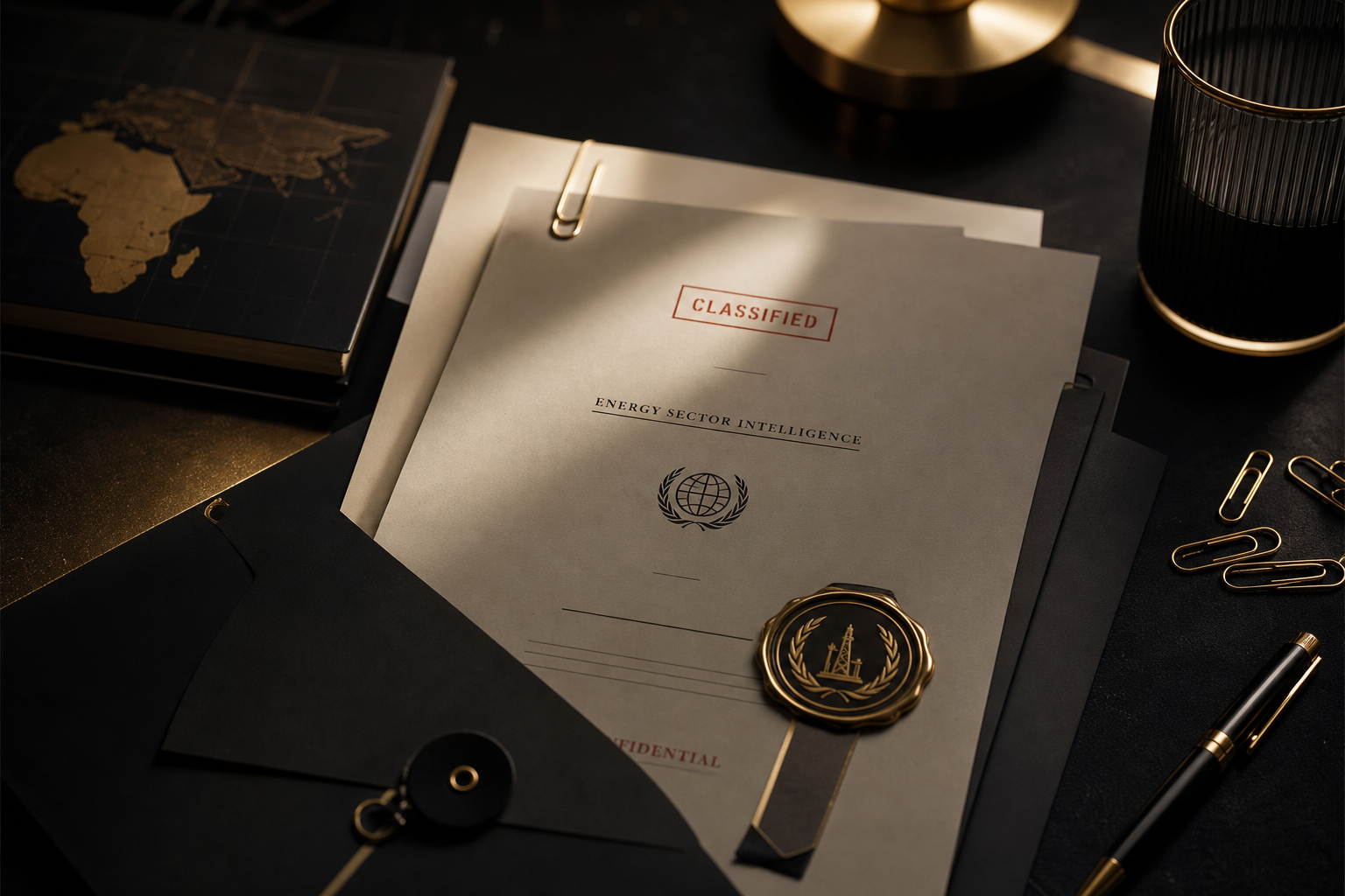 Elegant editorial still life of classified energy documents, gold-accented seal, and shadowed desk
