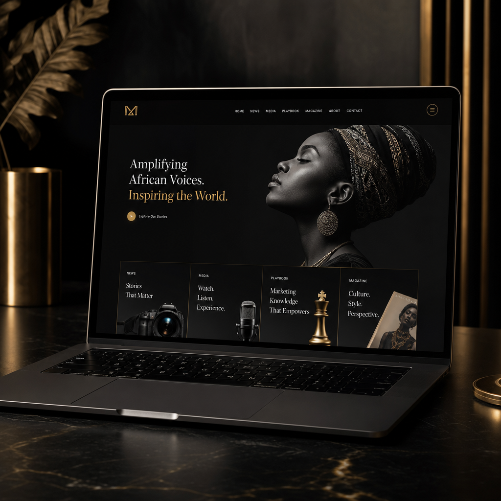 Minimalist black-and-gold studio scene featuring a premium laptop with an artist portfolio website on screen and subtle gold accents.
