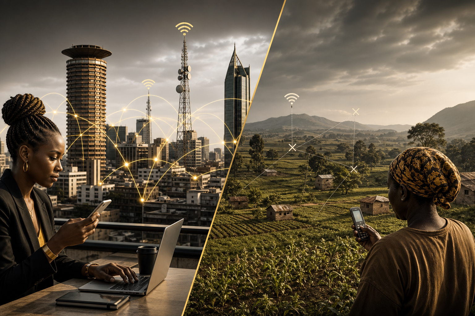 Split view of urban Nairobi connectivity and rural farmland network challenges