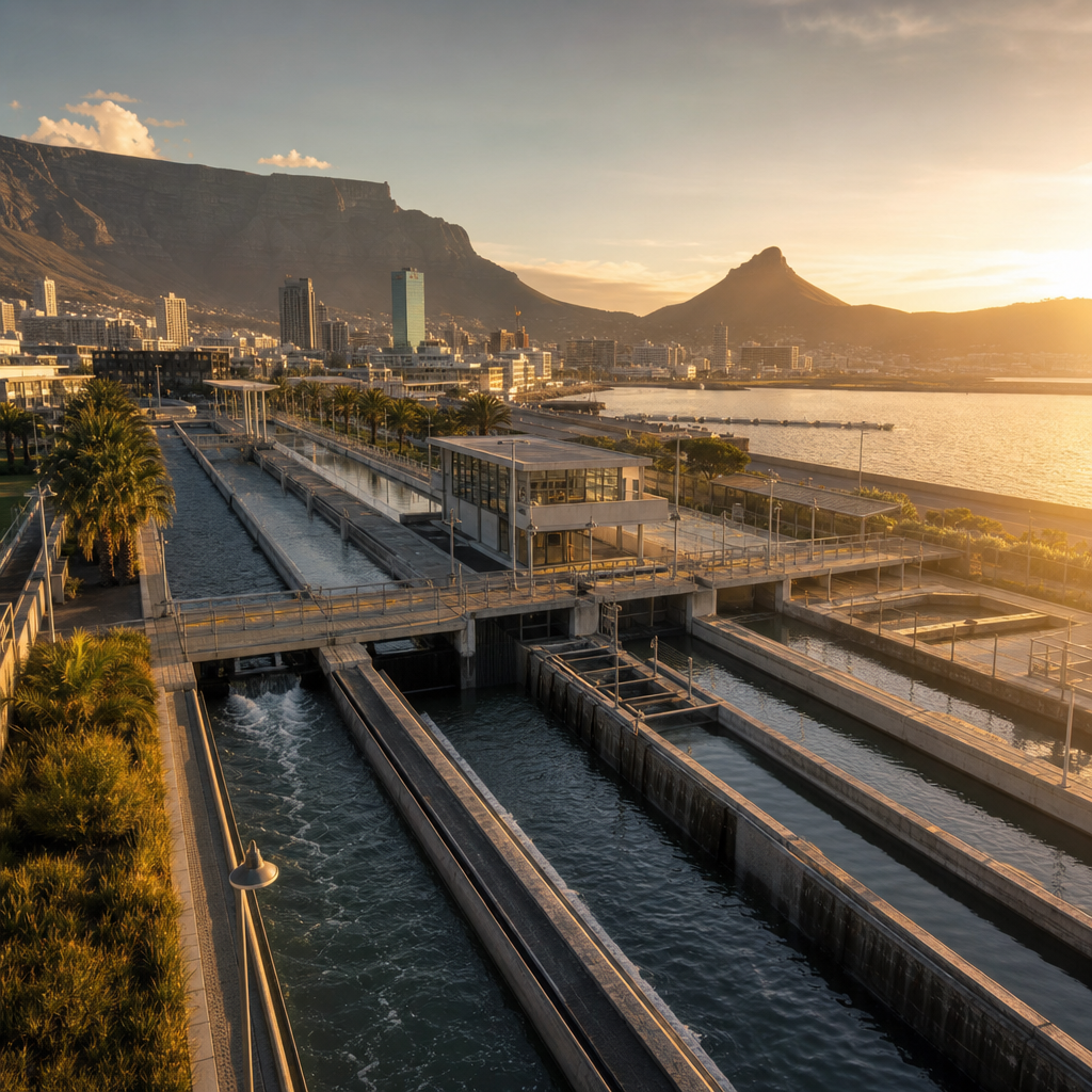 Wide view of Cape Town’s urban waterfront at dawn, with modern infrastructure and water management channels catching soft morning light