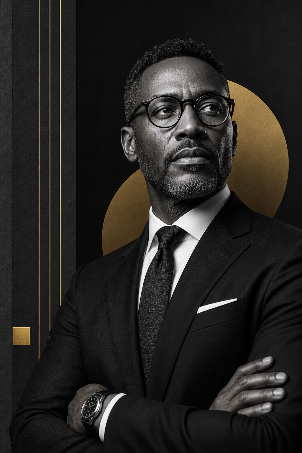 Cover-style portrait visual for LINKED Magazine The Leadership Issue featuring a confident African executive tone and premium black and gold styling