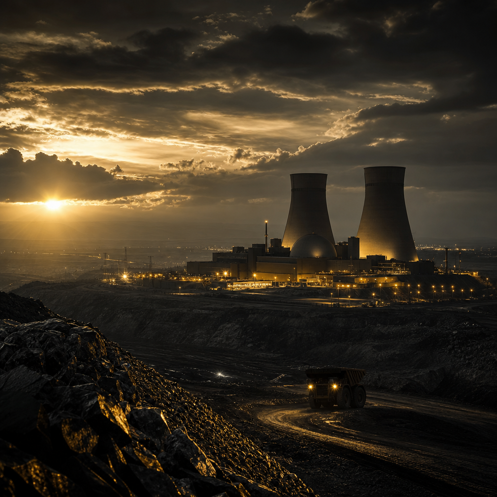 Cinematic documentary-style view of a South African industrial nuclear facility at dusk with cooling towers, golden security lighting, and distant mining landscape under dramatic clouds