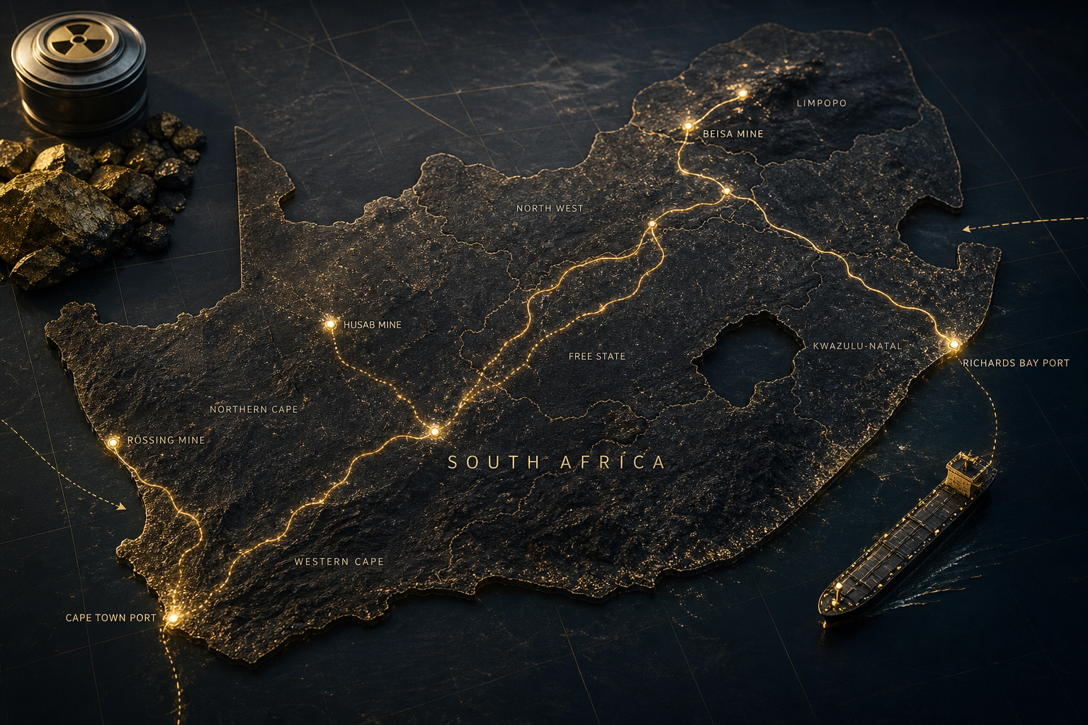 Cinematic aerial-style investigative map of South Africa highlighting uranium supply routes and strategic energy zones