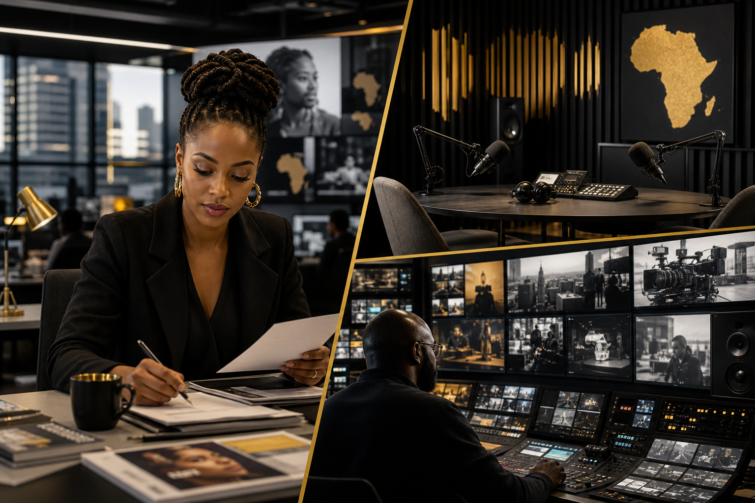 Editorial opener portrait collage of African media institutions, creative executives, and newsroom environments in a premium cinematic style