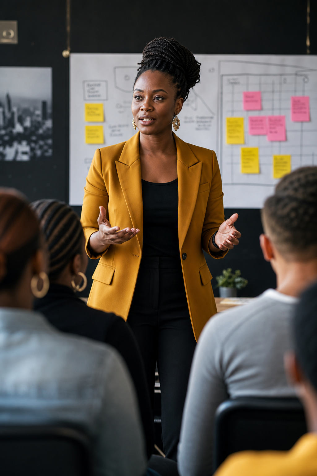African female educator in a mustard blazer guiding a classroom workshop with charts and notes pinned on a wall
