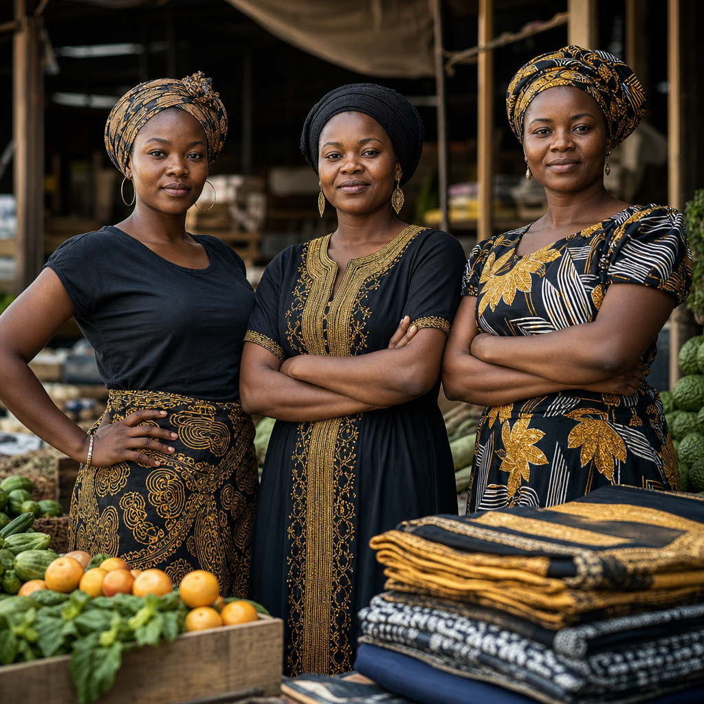 Portrait series of three African women traders standing beside packed produce crates and textiles