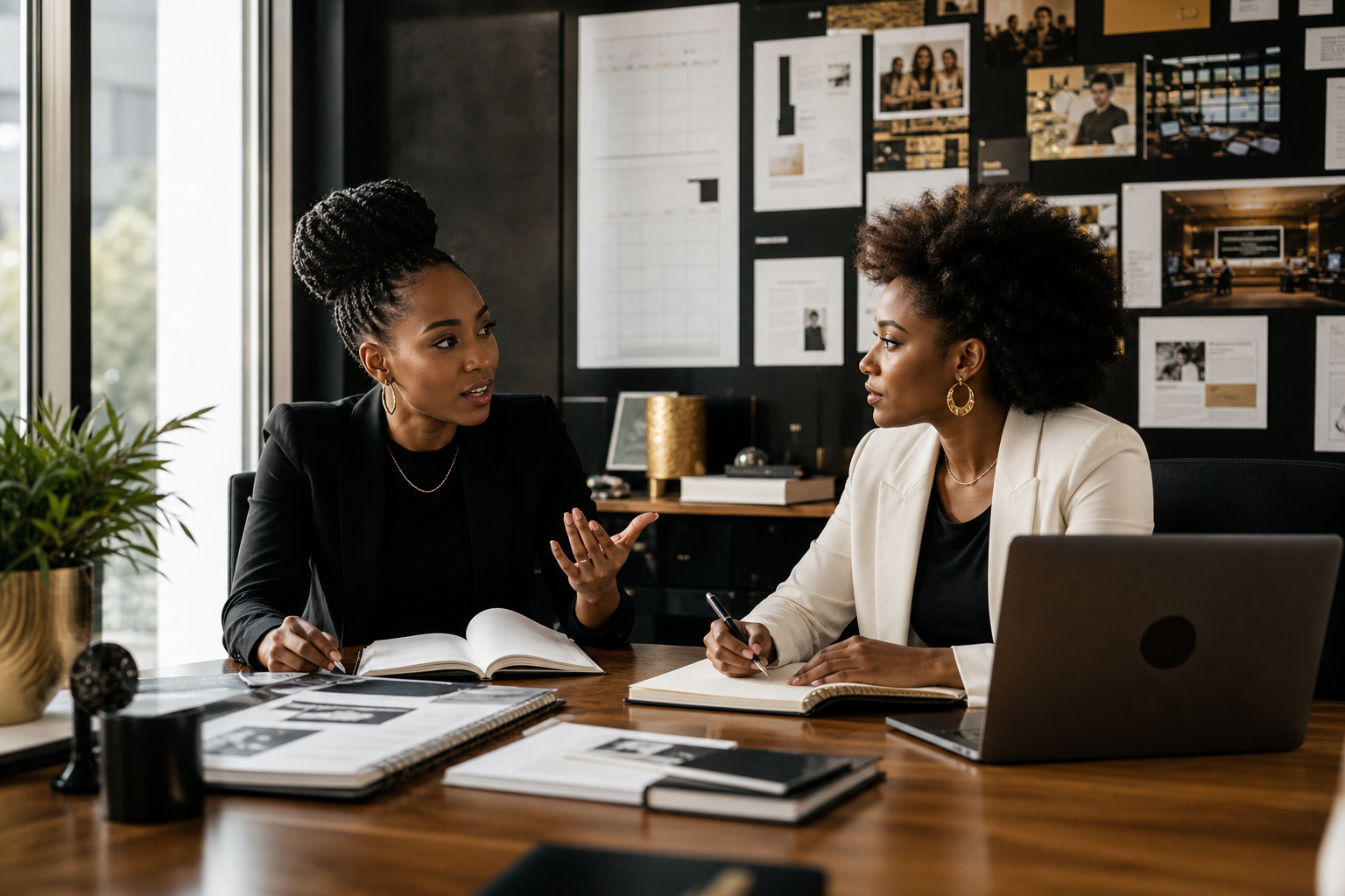 Documentary-style scene of two African women leading a planning session around a large table with notebooks and a laptop in a modern workspace