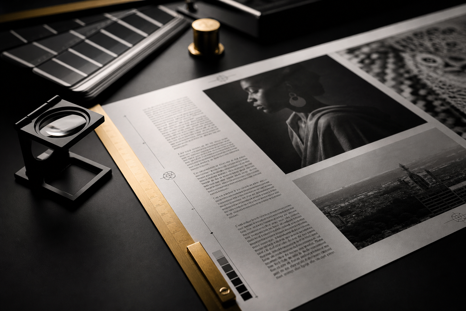Close-up of a gold-edged print proof sheet with editorial crop marks on a dark desk