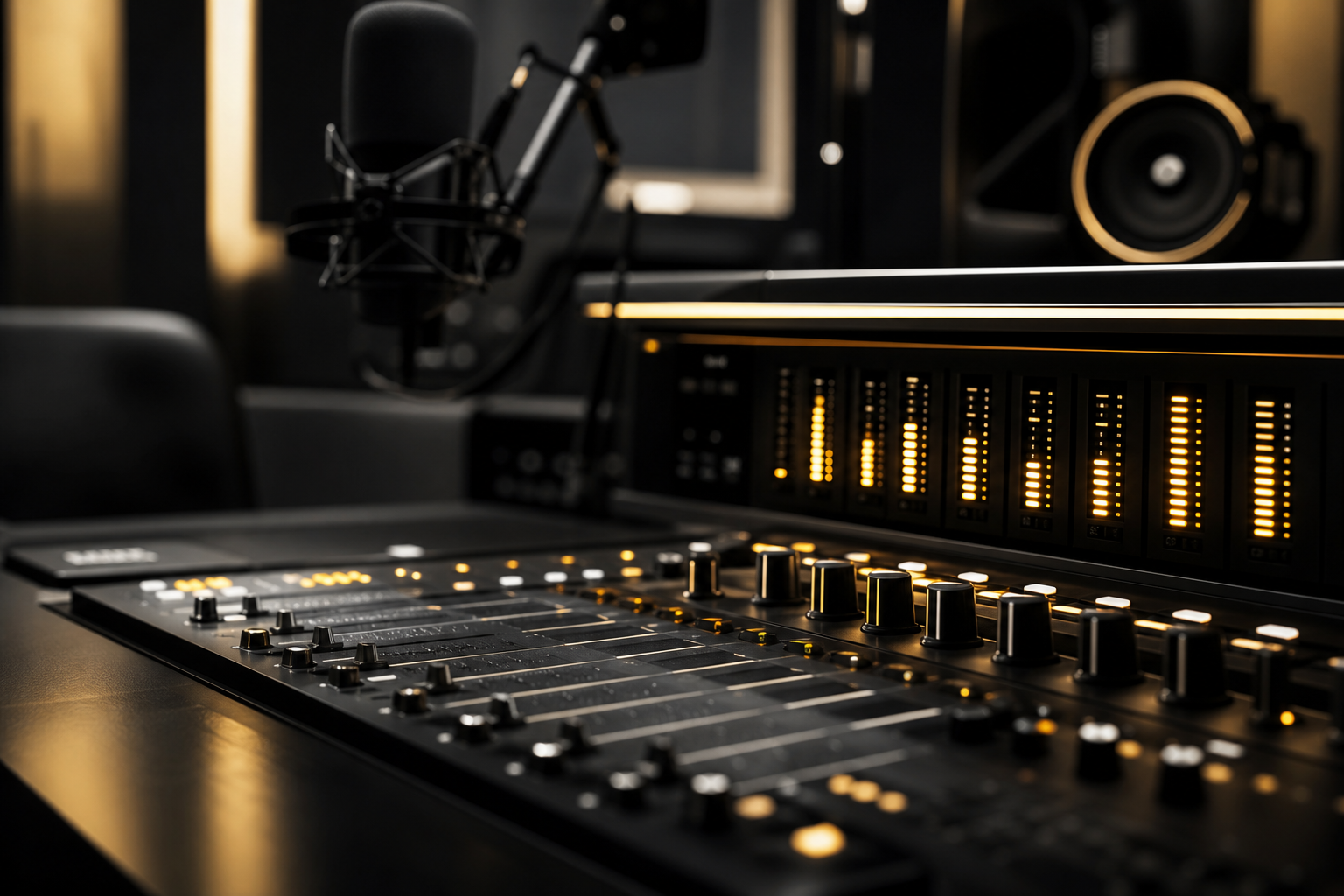 Audio mixing console with warm amber indicator lights in a contemporary podcast production room