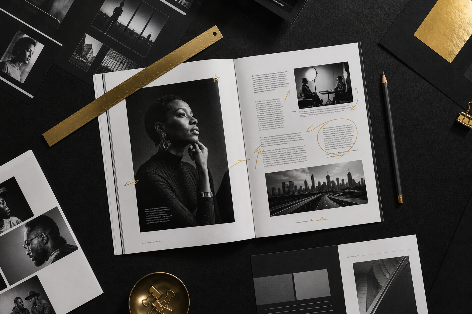 Magazine flatlay featuring monochrome pages, a gold metal ruler, and annotated editorial notes