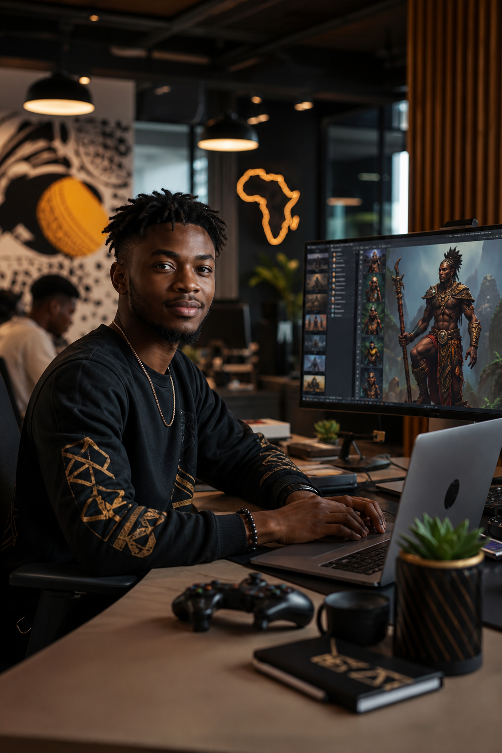 Portrait of a young Nigerian game developer in a modern Yaba co-working space with laptops and warm studio lighting