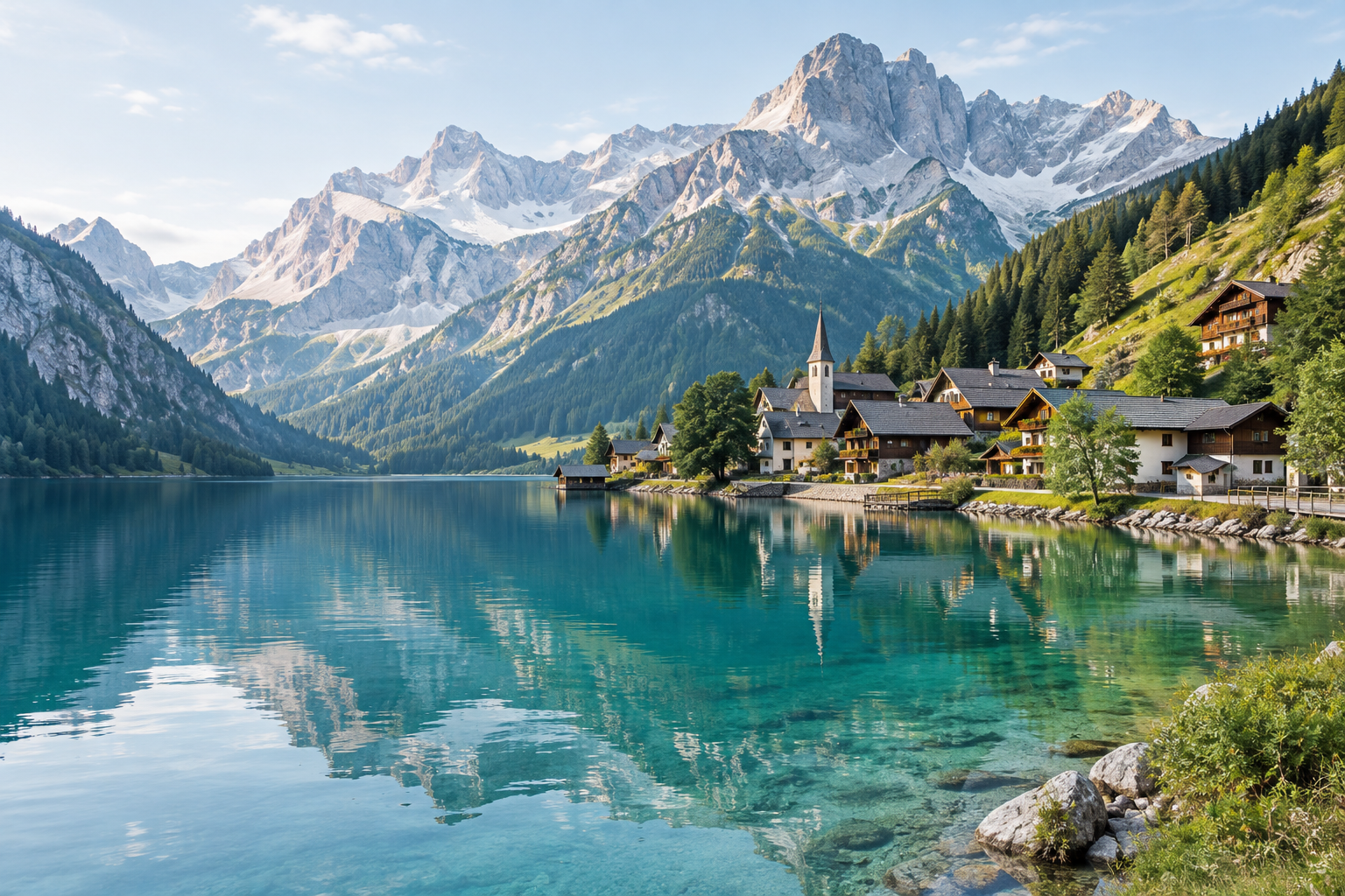 A clear turquoise alpine lake beneath pale mountain peaks and a small timber village