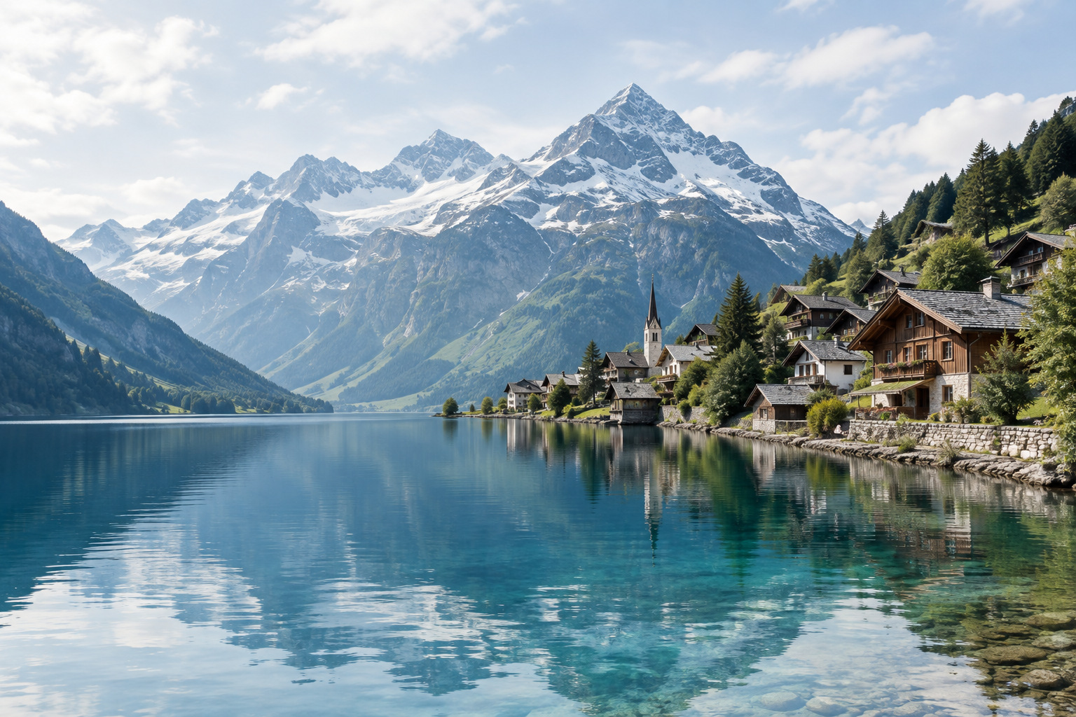 A small alpine village beside a clear mountain lake with snow-capped peaks beyond