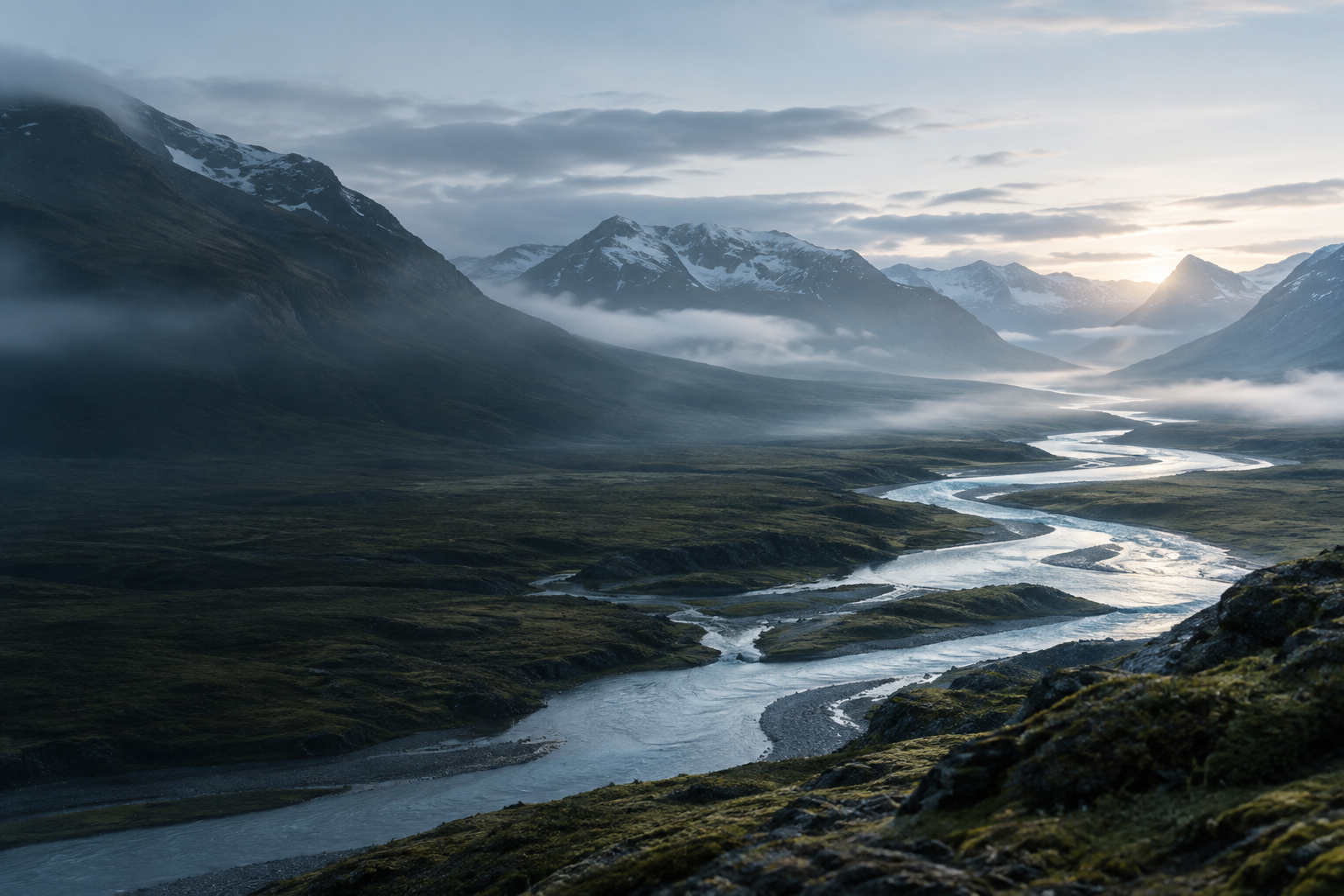 Sweeping cool-toned mountain valley with a glacial river, misty ridgelines, and soft northern light
