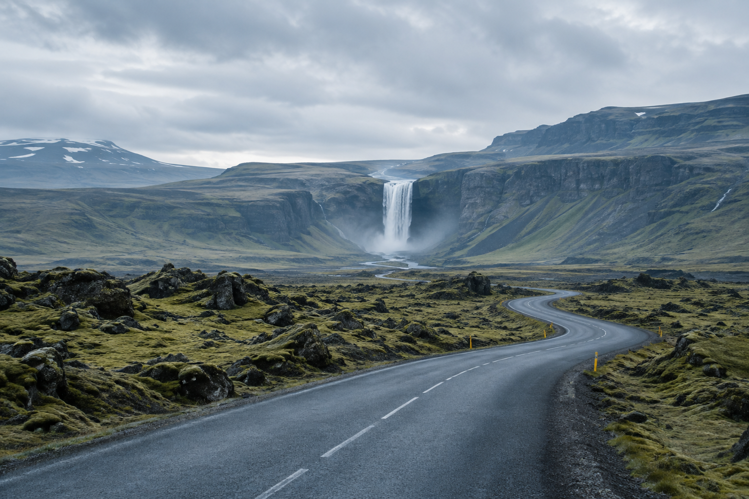A winding road crossing mossy Icelandic lava fields beneath a pale sky