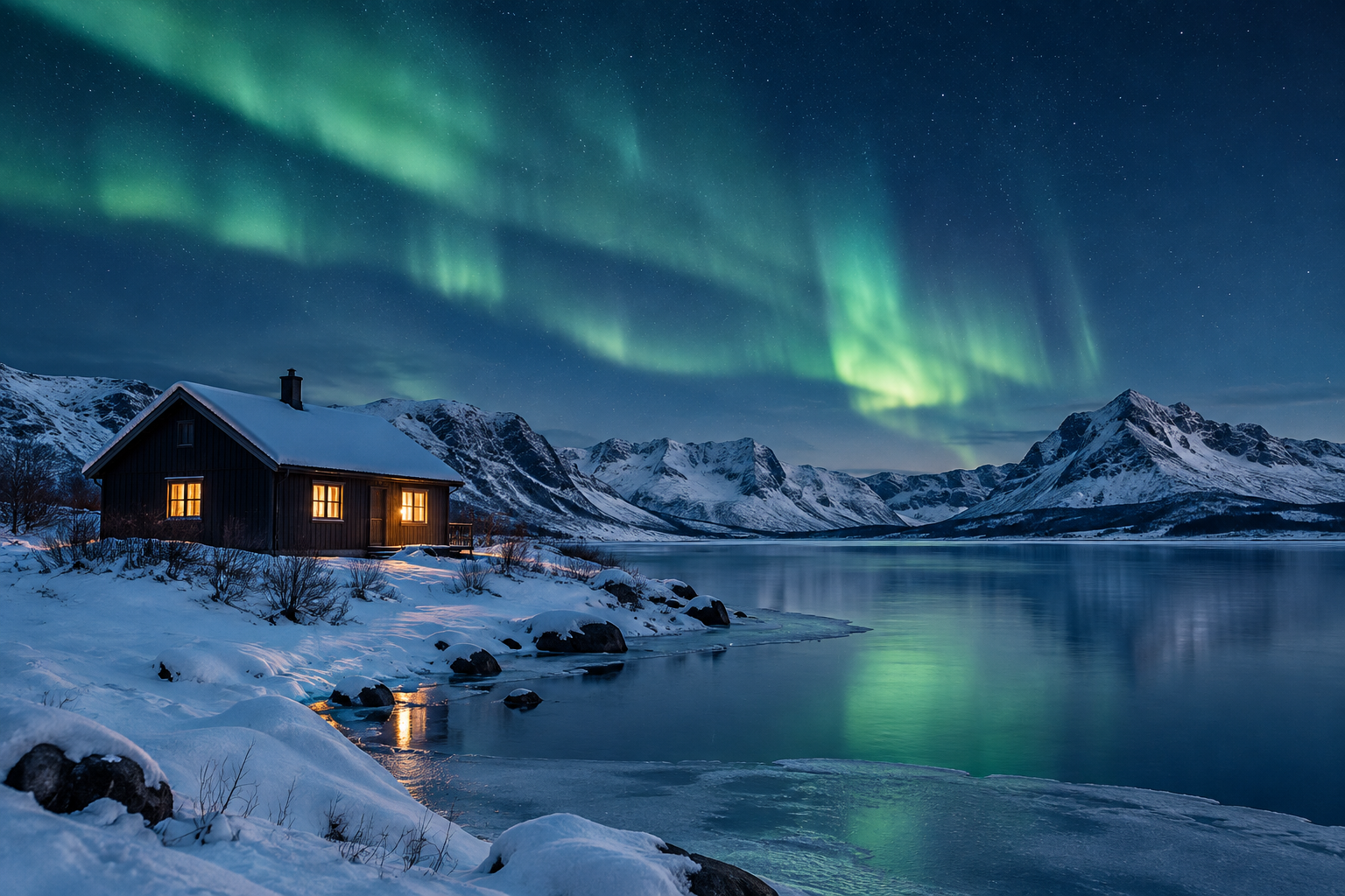 Soft green northern lights above a secluded snow-covered cabin beside a calm Icelandic lake