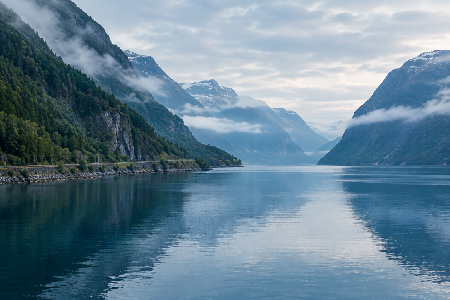 A calm blue Norwegian fjord framed by steep green mountains and a distant rail line
