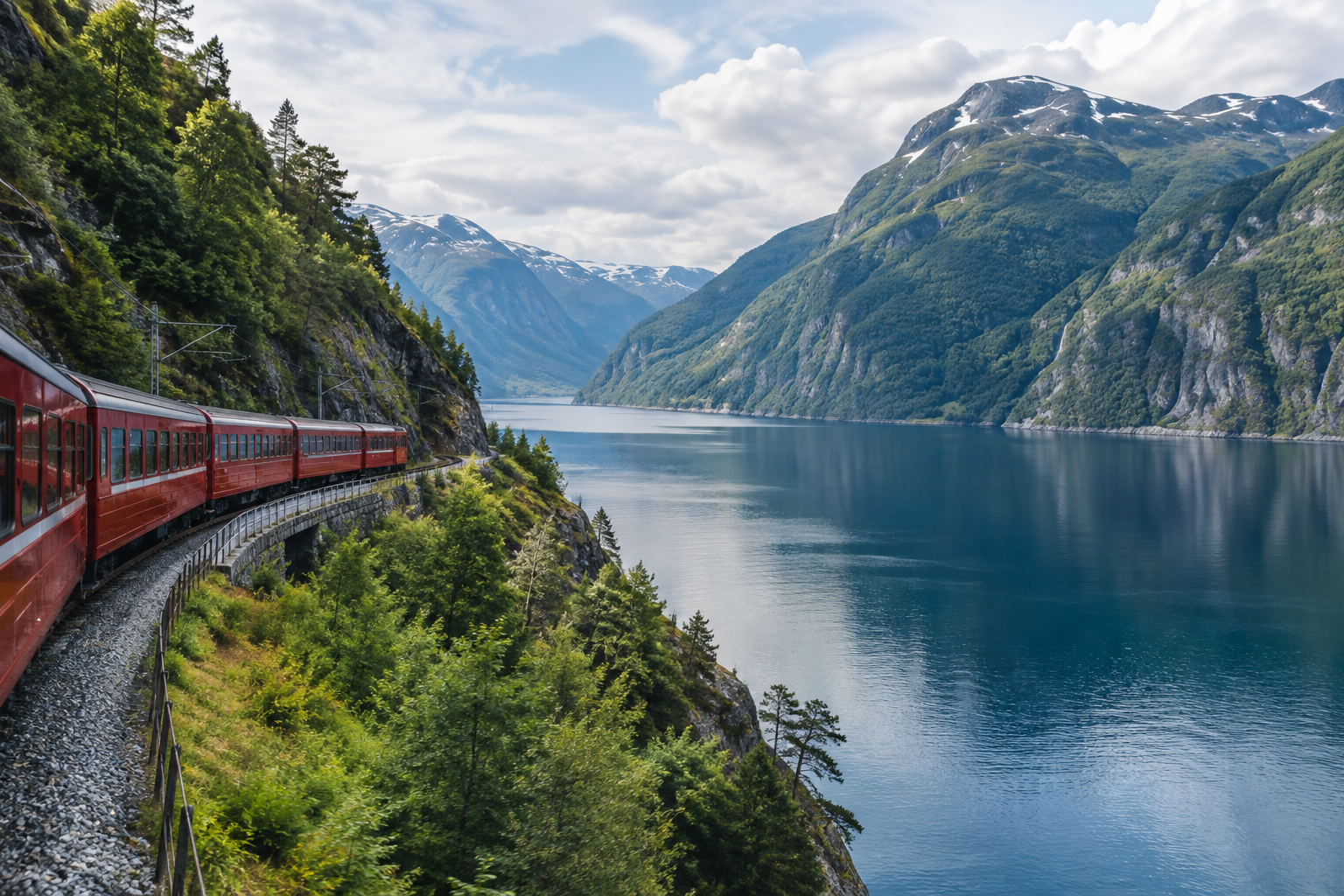 A red train curving beside a deep blue Norwegian fjord framed by steep green mountains