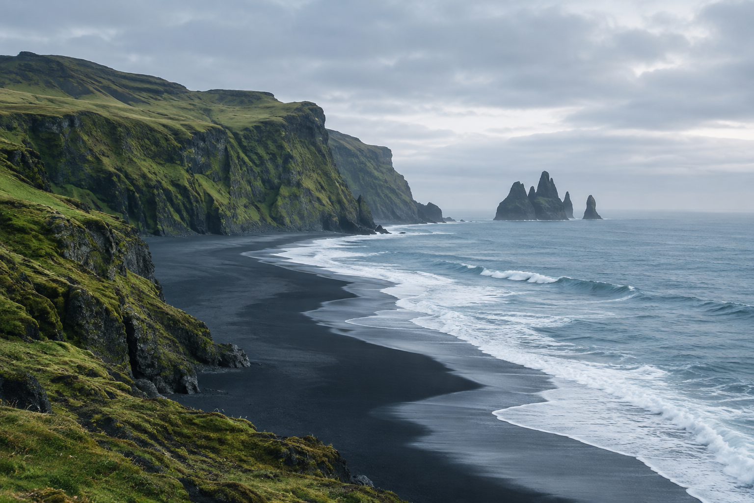 A quiet black-sand beach and mossy cliffs along Iceland's southern coast under a soft overcast sky
