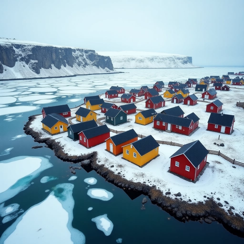 Highly realistic aerial view of a traditional Greenlandic village with colorful houses clustered along a frozen fjord, snow and ice all around, distant cliffs visible