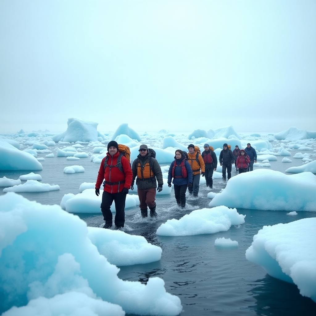 A group of adventurers following a professional guide across a vast Greenland iceberg field, dramatic blue ice all around, everyone dressed in expedition gear, overcast sky above