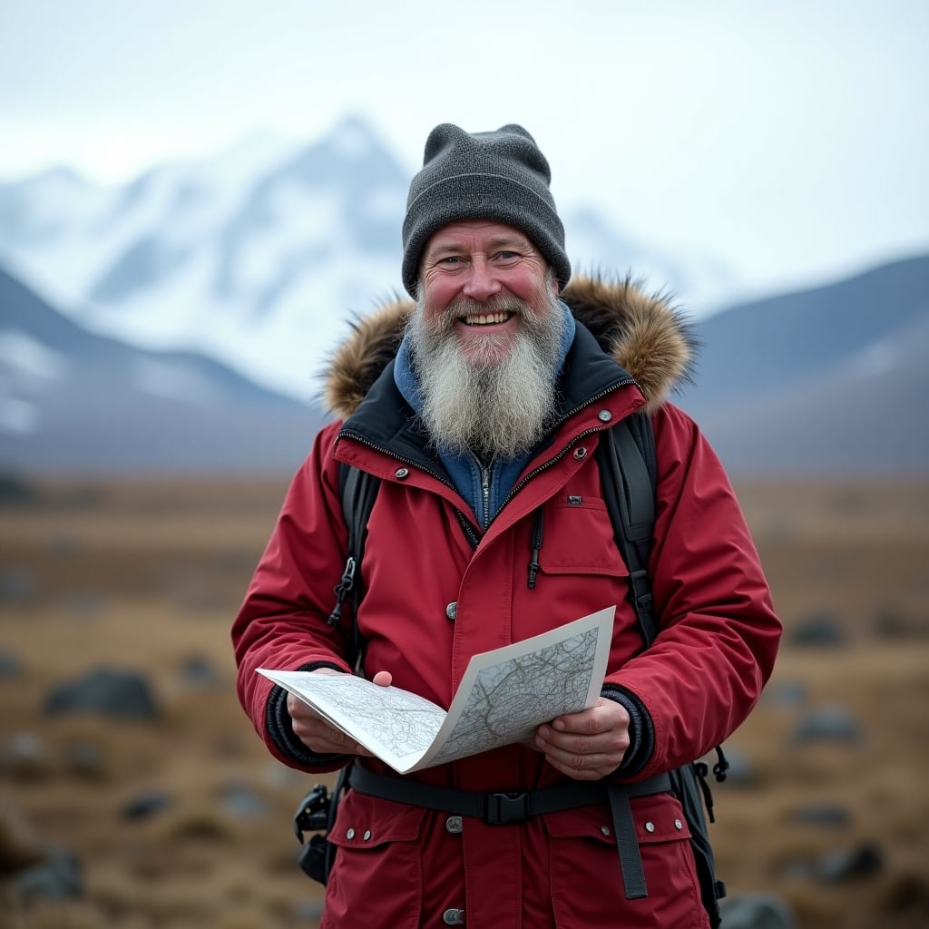 Authentic Greenlandic guide in traditional attire, friendly and smiling, standing on the tundra with icy peaks behind, holding a map and sharing knowledge with travelers