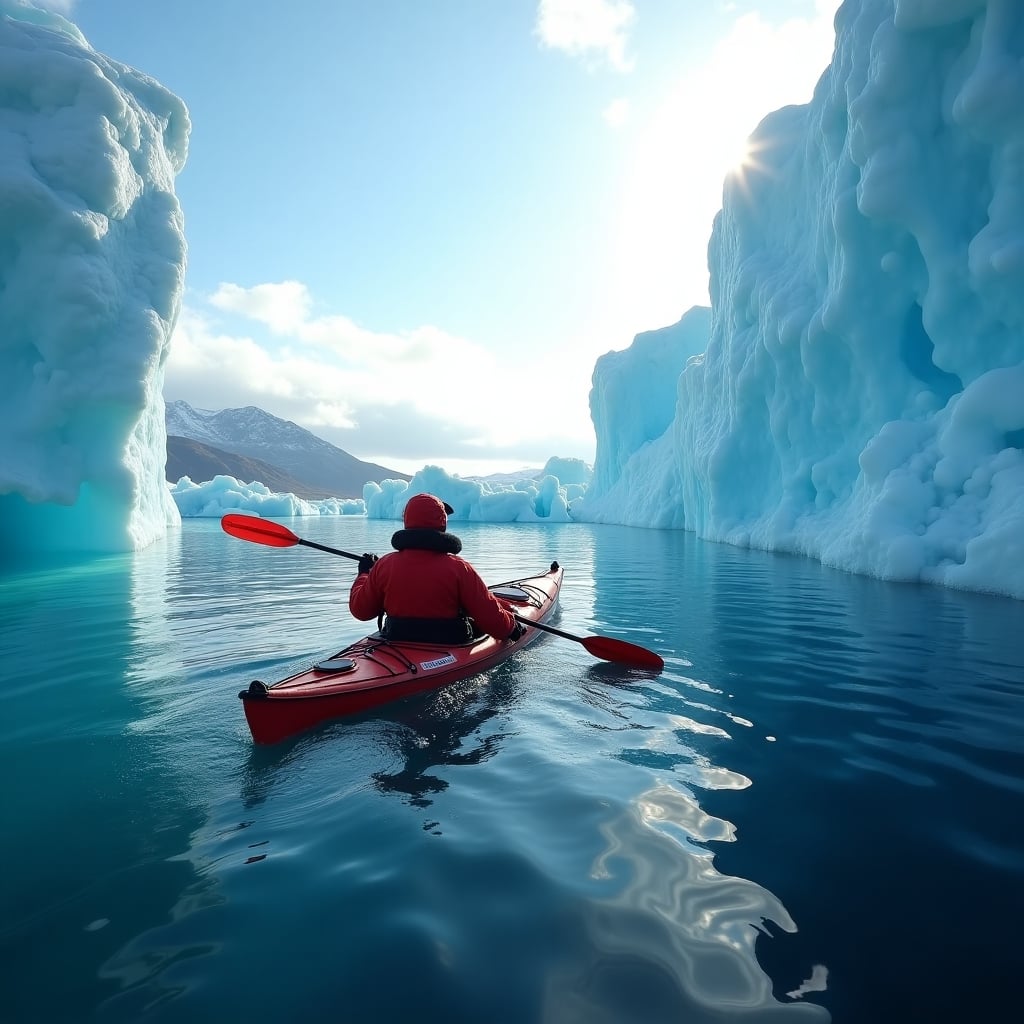 Explorer in red drysuit kayaking among towering blue-white icebergs in crystal clear Arctic waters, sunlight reflecting off the ice, Greenland mountains in the background