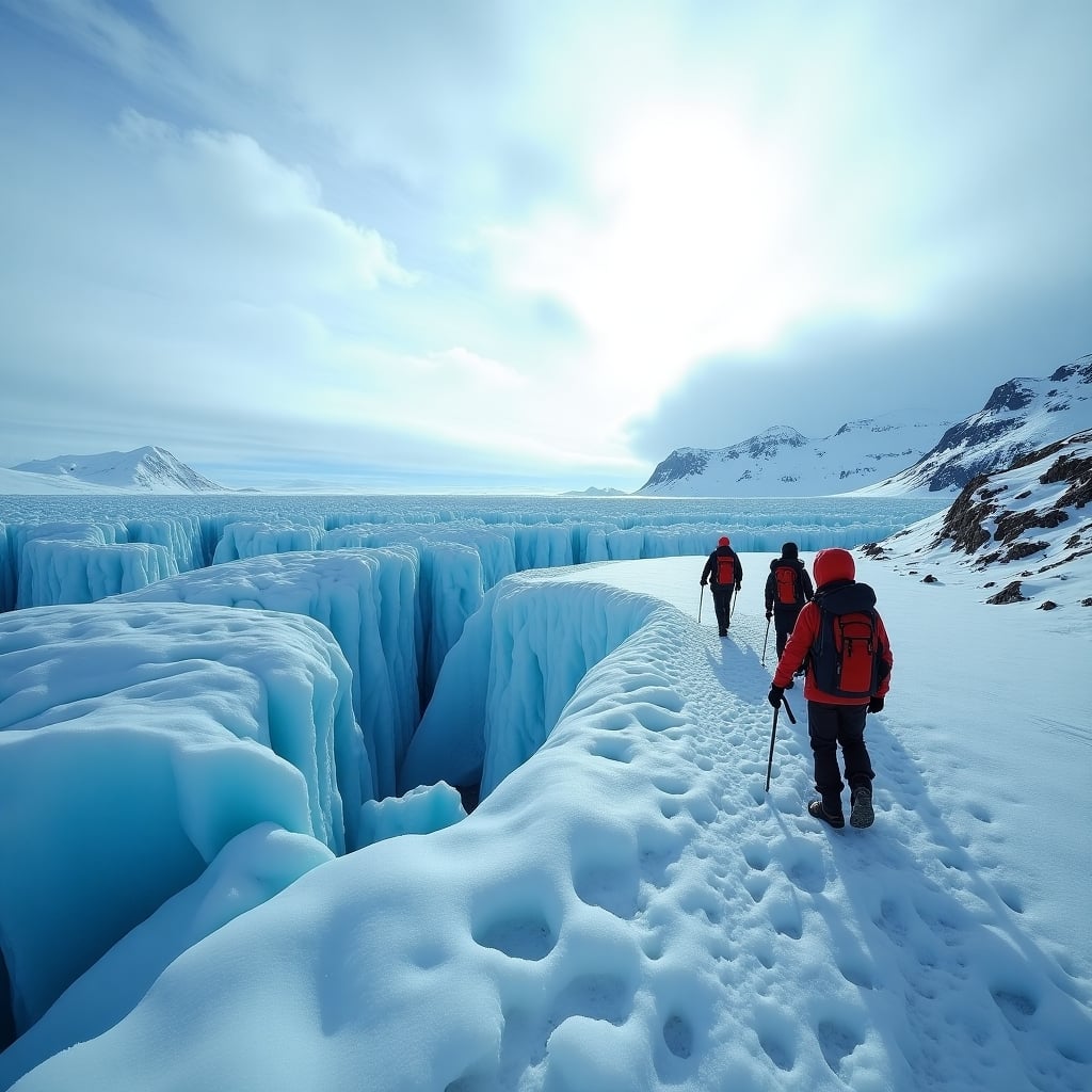 Three explorers trekking along the edge of a massive blue glacier in Greenland under dramatic polar skies, snow swirling, with ice cliffs and distant mountains in view