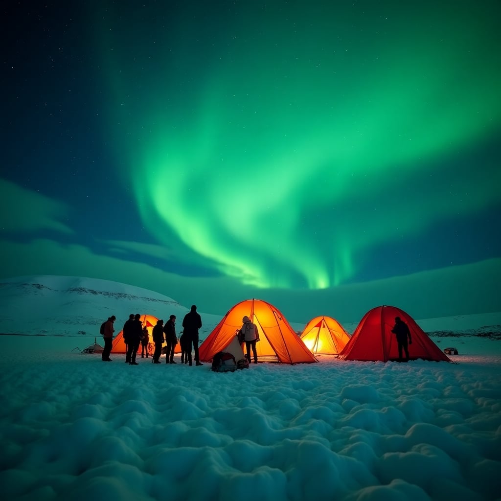 Documentary-style night photo: group of adventurers at a snow camp in Greenland, colorful tents aglow under vivid green northern lights, icy landscape all around